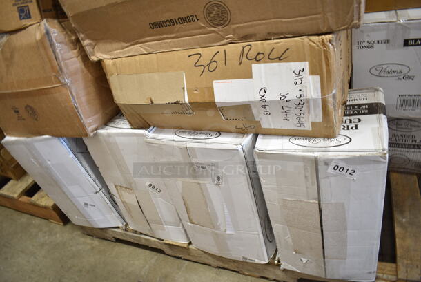 PALLET LOT of 38 BRAND NEW Boxes Including 395OP10 EcoChoice Compostable Sugarcane / Bagasse 7 1/2" x 10" Oval Platter - 500/Case, 5002WRAPNAP Choice WrapNap White 1/4 Fold 2-Ply Dinner Napkin 16" x 16" - 3000/Case, 966TALLFLDB  Choice White Tall-Fold 6" x 13" Dispenser Napkin - 8000/Case, 130TRAY18 Visions Black PET Plastic 18" Thermoform Catering / Deli Tray - 25/Case, 612TARTP4 Baker's Mark 4 1/4" Foil Tart Pan - 1000/Case, 130TONG10BLK Visions 10 1/2" Black Disposable Plastic Tongs - 36/Case, 129MCR24B Choice 24 oz. Black Round Microwavable Heavy Weight Container with Lid 7 1/4" - 150/Case, 128HD16COMBO ChoiceHD 16 oz. Microwavable Translucent Plastic Deli Container and Lid Combo Pack - 240/Case, 760SOUP12WPA Choice 12 oz. White Double Poly-Coated Paper Food Cup with Vented Paper Lid - 250/Case, 130ROLLKFSSH Visions 18" x 15 1/2" Pre-Rolled Linen-Feel White Napkin and Hammersmith Heavy Weight Silver Plastic Cutlery Set - 100/Case, 164TCLWDGY30 Antique Gray Table Leg Post, 176CHPHOLDBK Choice Black Stainless Steel 3-Compartment Flatware / Chopstick Organizer, 5001RT800B Lavex 8" White Hardwound Paper Towel, 800 Feet / Roll - 6/Case, Solo Ultra Clear™ TP12 12 oz Customizable. Practical Fill Clear PET Plastic Cold Cup - 1000/Case, American Metalcraft 18914P 14" Perforated Pizza Disk. 38 Times Your Bid!  - Image 12 of 12