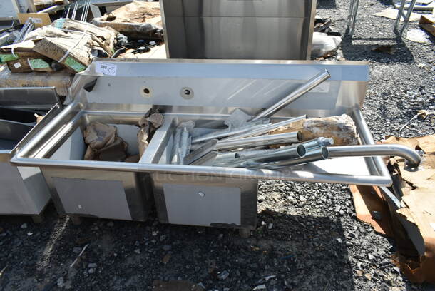 BRAND NEW SCRATCH AND DENT! Regency 600S2171718R 57" 16 Gauge Stainless Steel Two Compartment Commercial Sink with Galvanized Steel Legs and 1 Drainboard - 17" x 17" x 12" Bowls - Image 2 of 9