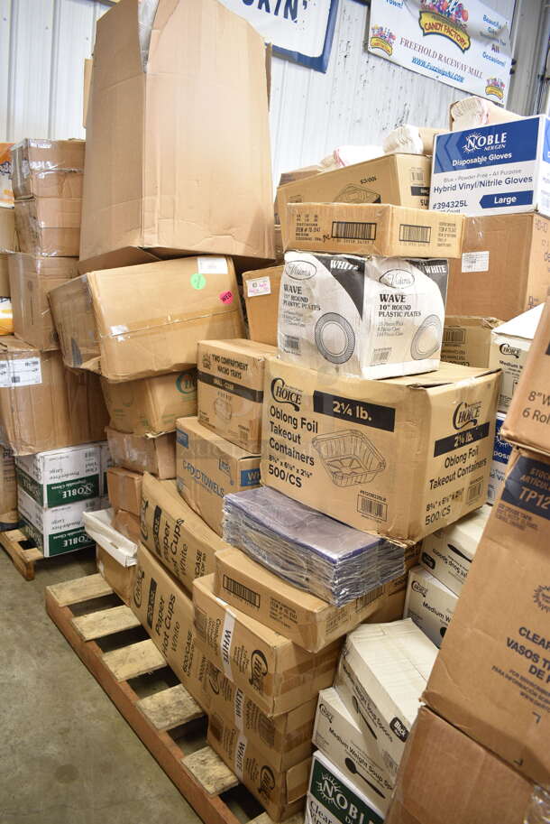PALLET LOT of 50 BRAND NEW Boxes Including 4 Box 130BSSPOON Choice Medium Weight Black Plastic Soup Spoon - 1000/Case, 394365XL Noble Products Powder-Free Disposable Clear Vinyl Gloves for Foodservice - Extra Large - 1000/Case, 346BKFSNM Choice Medium Weight Black Wrapped Plastic Cutlery Set with Napkin - 250/Case, 127RD12BULK Choice 12 oz. Customizable Microwavable Translucent Round Deli Container - 500/Case, 500CFT White Premium C-Fold Towel - 2200/Case,2 Box 612FS1212 Choice Half Size Foil Steam Table Pan Shallow 1 1/2" Depth - 100/Case, 3 Box 129MCR24W Choice 24 oz. White 7 1/4" Round Microwavable Heavy Weight Container with Lid - 150/Case, Creative Converting 703147 82" Cobalt Blue OctyRound Disposable Plastic Table Cover - 12/Case, 612OB225LB Choice 2.25 lb. Oblong Foil Take-Out Container - 500/Case, 394325L Noble NexGen Powder-Free Disposable Blue Hybrid 3 Mil Thick Gloves - Large - 1000/Case, 433NACHOS Carnival King Small Clear 2 Compartment Plastic Nacho Tray - 500/Case, 2 Box 50020W Choice 20 oz. White Poly Paper Hot Cup - 600/Case, 500TO1183C2 Choice 11" x 8 1/2" x 3" Microwaveable 2-Compartment Black / Clear Plastic Hinged Container - 100/Case, Cambro 36CW148 Camwear 1/3 Size White Polycarbonate Food Pan - 6" Deep. 50 Times Your Bid!   - Image 1 of 12