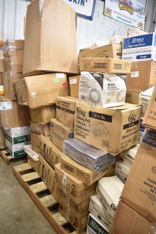 PALLET LOT of 50 BRAND NEW Boxes Including 4 Box 130BSSPOON Choice Medium Weight Black Plastic Soup Spoon - 1000/Case, 394365XL Noble Products Powder-Free Disposable Clear Vinyl Gloves for Foodservice - Extra Large - 1000/Case, 346BKFSNM Choice Medium Weight Black Wrapped Plastic Cutlery Set with Napkin - 250/Case, 127RD12BULK Choice 12 oz. Customizable Microwavable Translucent Round Deli Container - 500/Case, 500CFT White Premium C-Fold Towel - 2200/Case,2 Box 612FS1212 Choice Half Size Foil Steam Table Pan Shallow 1 1/2" Depth - 100/Case, 3 Box 129MCR24W Choice 24 oz. White 7 1/4" Round Microwavable Heavy Weight Container with Lid - 150/Case, Creative Converting 703147 82" Cobalt Blue OctyRound Disposable Plastic Table Cover - 12/Case, 612OB225LB Choice 2.25 lb. Oblong Foil Take-Out Container - 500/Case, 394325L Noble NexGen Powder-Free Disposable Blue Hybrid 3 Mil Thick Gloves - Large - 1000/Case, 433NACHOS Carnival King Small Clear 2 Compartment Plastic Nacho Tray - 500/Case, 2 Box 50020W Choice 20 oz. White Poly Paper Hot Cup - 600/Case, 500TO1183C2 Choice 11" x 8 1/2" x 3" Microwaveable 2-Compartment Black / Clear Plastic Hinged Container - 100/Case, Cambro 36CW148 Camwear 1/3 Size White Polycarbonate Food Pan - 6" Deep. 50 Times Your Bid!  
