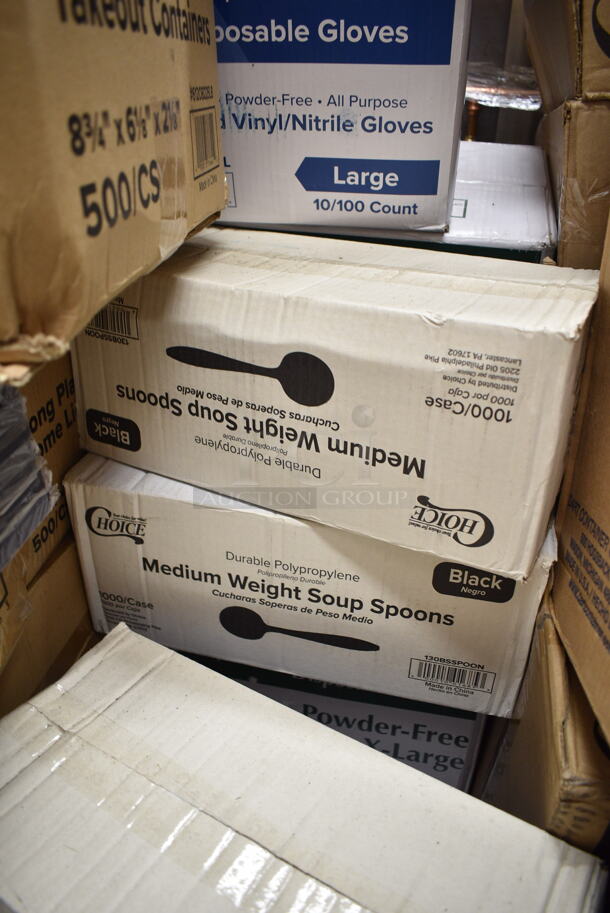 PALLET LOT of 50 BRAND NEW Boxes Including 4 Box 130BSSPOON Choice Medium Weight Black Plastic Soup Spoon - 1000/Case, 394365XL Noble Products Powder-Free Disposable Clear Vinyl Gloves for Foodservice - Extra Large - 1000/Case, 346BKFSNM Choice Medium Weight Black Wrapped Plastic Cutlery Set with Napkin - 250/Case, 127RD12BULK Choice 12 oz. Customizable Microwavable Translucent Round Deli Container - 500/Case, 500CFT White Premium C-Fold Towel - 2200/Case,2 Box 612FS1212 Choice Half Size Foil Steam Table Pan Shallow 1 1/2" Depth - 100/Case, 3 Box 129MCR24W Choice 24 oz. White 7 1/4" Round Microwavable Heavy Weight Container with Lid - 150/Case, Creative Converting 703147 82" Cobalt Blue OctyRound Disposable Plastic Table Cover - 12/Case, 612OB225LB Choice 2.25 lb. Oblong Foil Take-Out Container - 500/Case, 394325L Noble NexGen Powder-Free Disposable Blue Hybrid 3 Mil Thick Gloves - Large - 1000/Case, 433NACHOS Carnival King Small Clear 2 Compartment Plastic Nacho Tray - 500/Case, 2 Box 50020W Choice 20 oz. White Poly Paper Hot Cup - 600/Case, 500TO1183C2 Choice 11" x 8 1/2" x 3" Microwaveable 2-Compartment Black / Clear Plastic Hinged Container - 100/Case, Cambro 36CW148 Camwear 1/3 Size White Polycarbonate Food Pan - 6" Deep. 50 Times Your Bid!   - Image 3 of 12