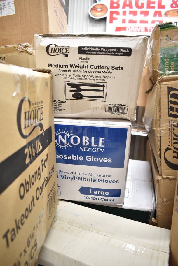 PALLET LOT of 50 BRAND NEW Boxes Including 4 Box 130BSSPOON Choice Medium Weight Black Plastic Soup Spoon - 1000/Case, 394365XL Noble Products Powder-Free Disposable Clear Vinyl Gloves for Foodservice - Extra Large - 1000/Case, 346BKFSNM Choice Medium Weight Black Wrapped Plastic Cutlery Set with Napkin - 250/Case, 127RD12BULK Choice 12 oz. Customizable Microwavable Translucent Round Deli Container - 500/Case, 500CFT White Premium C-Fold Towel - 2200/Case,2 Box 612FS1212 Choice Half Size Foil Steam Table Pan Shallow 1 1/2" Depth - 100/Case, 3 Box 129MCR24W Choice 24 oz. White 7 1/4" Round Microwavable Heavy Weight Container with Lid - 150/Case, Creative Converting 703147 82" Cobalt Blue OctyRound Disposable Plastic Table Cover - 12/Case, 612OB225LB Choice 2.25 lb. Oblong Foil Take-Out Container - 500/Case, 394325L Noble NexGen Powder-Free Disposable Blue Hybrid 3 Mil Thick Gloves - Large - 1000/Case, 433NACHOS Carnival King Small Clear 2 Compartment Plastic Nacho Tray - 500/Case, 2 Box 50020W Choice 20 oz. White Poly Paper Hot Cup - 600/Case, 500TO1183C2 Choice 11" x 8 1/2" x 3" Microwaveable 2-Compartment Black / Clear Plastic Hinged Container - 100/Case, Cambro 36CW148 Camwear 1/3 Size White Polycarbonate Food Pan - 6" Deep. 50 Times Your Bid!   - Image 4 of 12