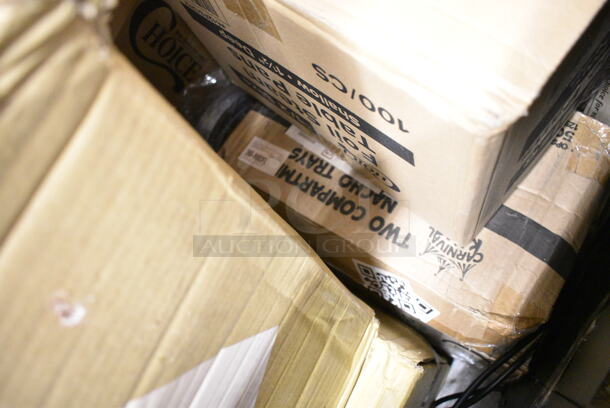 PALLET LOT of 50 BRAND NEW Boxes Including 4 Box 130BSSPOON Choice Medium Weight Black Plastic Soup Spoon - 1000/Case, 394365XL Noble Products Powder-Free Disposable Clear Vinyl Gloves for Foodservice - Extra Large - 1000/Case, 346BKFSNM Choice Medium Weight Black Wrapped Plastic Cutlery Set with Napkin - 250/Case, 127RD12BULK Choice 12 oz. Customizable Microwavable Translucent Round Deli Container - 500/Case, 500CFT White Premium C-Fold Towel - 2200/Case,2 Box 612FS1212 Choice Half Size Foil Steam Table Pan Shallow 1 1/2" Depth - 100/Case, 3 Box 129MCR24W Choice 24 oz. White 7 1/4" Round Microwavable Heavy Weight Container with Lid - 150/Case, Creative Converting 703147 82" Cobalt Blue OctyRound Disposable Plastic Table Cover - 12/Case, 612OB225LB Choice 2.25 lb. Oblong Foil Take-Out Container - 500/Case, 394325L Noble NexGen Powder-Free Disposable Blue Hybrid 3 Mil Thick Gloves - Large - 1000/Case, 433NACHOS Carnival King Small Clear 2 Compartment Plastic Nacho Tray - 500/Case, 2 Box 50020W Choice 20 oz. White Poly Paper Hot Cup - 600/Case, 500TO1183C2 Choice 11" x 8 1/2" x 3" Microwaveable 2-Compartment Black / Clear Plastic Hinged Container - 100/Case, Cambro 36CW148 Camwear 1/3 Size White Polycarbonate Food Pan - 6" Deep. 50 Times Your Bid!   - Image 8 of 12