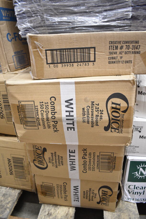 PALLET LOT of 50 BRAND NEW Boxes Including 4 Box 130BSSPOON Choice Medium Weight Black Plastic Soup Spoon - 1000/Case, 394365XL Noble Products Powder-Free Disposable Clear Vinyl Gloves for Foodservice - Extra Large - 1000/Case, 346BKFSNM Choice Medium Weight Black Wrapped Plastic Cutlery Set with Napkin - 250/Case, 127RD12BULK Choice 12 oz. Customizable Microwavable Translucent Round Deli Container - 500/Case, 500CFT White Premium C-Fold Towel - 2200/Case,2 Box 612FS1212 Choice Half Size Foil Steam Table Pan Shallow 1 1/2" Depth - 100/Case, 3 Box 129MCR24W Choice 24 oz. White 7 1/4" Round Microwavable Heavy Weight Container with Lid - 150/Case, Creative Converting 703147 82" Cobalt Blue OctyRound Disposable Plastic Table Cover - 12/Case, 612OB225LB Choice 2.25 lb. Oblong Foil Take-Out Container - 500/Case, 394325L Noble NexGen Powder-Free Disposable Blue Hybrid 3 Mil Thick Gloves - Large - 1000/Case, 433NACHOS Carnival King Small Clear 2 Compartment Plastic Nacho Tray - 500/Case, 2 Box 50020W Choice 20 oz. White Poly Paper Hot Cup - 600/Case, 500TO1183C2 Choice 11" x 8 1/2" x 3" Microwaveable 2-Compartment Black / Clear Plastic Hinged Container - 100/Case, Cambro 36CW148 Camwear 1/3 Size White Polycarbonate Food Pan - 6" Deep. 50 Times Your Bid!   - Image 9 of 12
