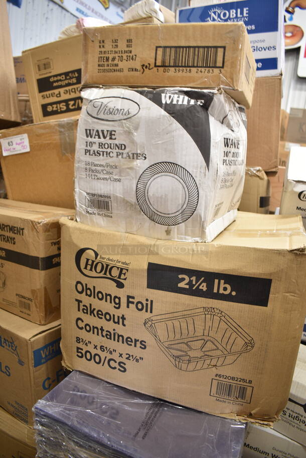 PALLET LOT of 50 BRAND NEW Boxes Including 4 Box 130BSSPOON Choice Medium Weight Black Plastic Soup Spoon - 1000/Case, 394365XL Noble Products Powder-Free Disposable Clear Vinyl Gloves for Foodservice - Extra Large - 1000/Case, 346BKFSNM Choice Medium Weight Black Wrapped Plastic Cutlery Set with Napkin - 250/Case, 127RD12BULK Choice 12 oz. Customizable Microwavable Translucent Round Deli Container - 500/Case, 500CFT White Premium C-Fold Towel - 2200/Case,2 Box 612FS1212 Choice Half Size Foil Steam Table Pan Shallow 1 1/2" Depth - 100/Case, 3 Box 129MCR24W Choice 24 oz. White 7 1/4" Round Microwavable Heavy Weight Container with Lid - 150/Case, Creative Converting 703147 82" Cobalt Blue OctyRound Disposable Plastic Table Cover - 12/Case, 612OB225LB Choice 2.25 lb. Oblong Foil Take-Out Container - 500/Case, 394325L Noble NexGen Powder-Free Disposable Blue Hybrid 3 Mil Thick Gloves - Large - 1000/Case, 433NACHOS Carnival King Small Clear 2 Compartment Plastic Nacho Tray - 500/Case, 2 Box 50020W Choice 20 oz. White Poly Paper Hot Cup - 600/Case, 500TO1183C2 Choice 11" x 8 1/2" x 3" Microwaveable 2-Compartment Black / Clear Plastic Hinged Container - 100/Case, Cambro 36CW148 Camwear 1/3 Size White Polycarbonate Food Pan - 6" Deep. 50 Times Your Bid!   - Image 10 of 12