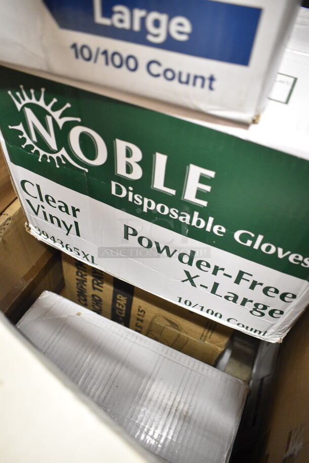PALLET LOT of 50 BRAND NEW Boxes Including 4 Box 130BSSPOON Choice Medium Weight Black Plastic Soup Spoon - 1000/Case, 394365XL Noble Products Powder-Free Disposable Clear Vinyl Gloves for Foodservice - Extra Large - 1000/Case, 346BKFSNM Choice Medium Weight Black Wrapped Plastic Cutlery Set with Napkin - 250/Case, 127RD12BULK Choice 12 oz. Customizable Microwavable Translucent Round Deli Container - 500/Case, 500CFT White Premium C-Fold Towel - 2200/Case,2 Box 612FS1212 Choice Half Size Foil Steam Table Pan Shallow 1 1/2" Depth - 100/Case, 3 Box 129MCR24W Choice 24 oz. White 7 1/4" Round Microwavable Heavy Weight Container with Lid - 150/Case, Creative Converting 703147 82" Cobalt Blue OctyRound Disposable Plastic Table Cover - 12/Case, 612OB225LB Choice 2.25 lb. Oblong Foil Take-Out Container - 500/Case, 394325L Noble NexGen Powder-Free Disposable Blue Hybrid 3 Mil Thick Gloves - Large - 1000/Case, 433NACHOS Carnival King Small Clear 2 Compartment Plastic Nacho Tray - 500/Case, 2 Box 50020W Choice 20 oz. White Poly Paper Hot Cup - 600/Case, 500TO1183C2 Choice 11" x 8 1/2" x 3" Microwaveable 2-Compartment Black / Clear Plastic Hinged Container - 100/Case, Cambro 36CW148 Camwear 1/3 Size White Polycarbonate Food Pan - 6" Deep. 50 Times Your Bid!   - Image 12 of 12