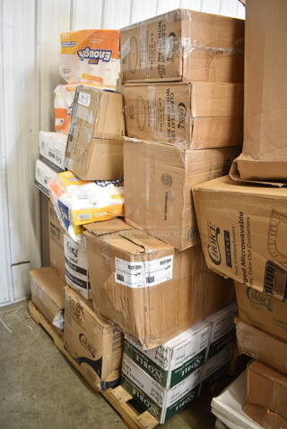 PALLET LOT of 45 BRAND NEW Boxes Including 4 Box 394365L Noble Products Powder-Free Disposable Vinyl Gloves for Foodservice - 1000/Case, 2 Box 500LFLAT Choice Clear Plastic Flat Lid with Straw Slot 42 oz. - 500/Case, 347RP9CL Choice Crystal 9" Clear Plastic Plate - 240/Case, 500CC16 Choice Clear PET Customizable Plastic Cold Cup - 16 oz. - 1000/Case, Acopa 10 oz Martini Glasses, Just Enough Paper Towels, 2 Box 347TCL9 Choice 9 oz. Clear Disposable Plastic Tumbler - 500/Case, SDR-12 12 oz Cups, 966UPWIDEKFT OneUp by Choice Kraft 2-Ply Wide Interfold 6 1/2" x 8 1/2" Dispenser Napkin - 6000/Case, Choice Insulated Foil Sandwich Wrap, 5001RT800B Lavex 8" White Hardwound Paper Towel, 800 Feet / Roll - 6/Case. 45 Times Your Bid!  