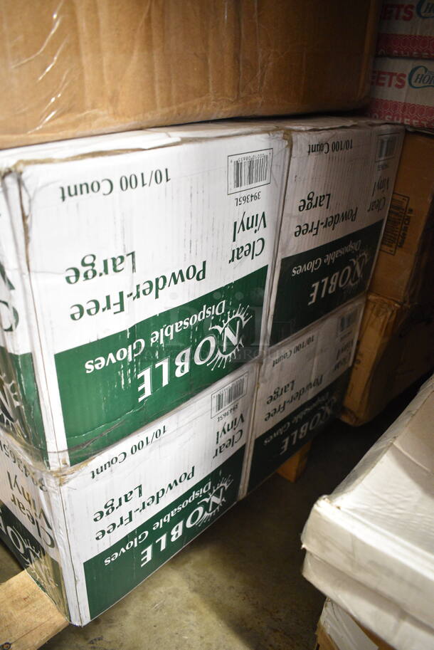 PALLET LOT of 45 BRAND NEW Boxes Including 4 Box 394365L Noble Products Powder-Free Disposable Vinyl Gloves for Foodservice - 1000/Case, 2 Box 500LFLAT Choice Clear Plastic Flat Lid with Straw Slot 42 oz. - 500/Case, 347RP9CL Choice Crystal 9" Clear Plastic Plate - 240/Case, 500CC16 Choice Clear PET Customizable Plastic Cold Cup - 16 oz. - 1000/Case, Acopa 10 oz Martini Glasses, Just Enough Paper Towels, 2 Box 347TCL9 Choice 9 oz. Clear Disposable Plastic Tumbler - 500/Case, SDR-12 12 oz Cups, 966UPWIDEKFT OneUp by Choice Kraft 2-Ply Wide Interfold 6 1/2" x 8 1/2" Dispenser Napkin - 6000/Case, Choice Insulated Foil Sandwich Wrap, 5001RT800B Lavex 8" White Hardwound Paper Towel, 800 Feet / Roll - 6/Case. 45 Times Your Bid!   - Image 2 of 12