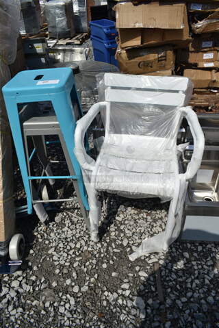 4 Various BRAND NEW SCRATCH AND DENT! Seating; Blue Tolix Style Bar Stool, Gray Tolix Style Bar Stool and 2 Lancaster Table & Seating 427CALUARMWH White Powder Coated Aluminum Outdoor Arm Chair. 4 Times Your Bid!