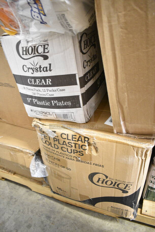 PALLET LOT of 45 BRAND NEW Boxes Including 4 Box 394365L Noble Products Powder-Free Disposable Vinyl Gloves for Foodservice - 1000/Case, 2 Box 500LFLAT Choice Clear Plastic Flat Lid with Straw Slot 42 oz. - 500/Case, 347RP9CL Choice Crystal 9" Clear Plastic Plate - 240/Case, 500CC16 Choice Clear PET Customizable Plastic Cold Cup - 16 oz. - 1000/Case, Acopa 10 oz Martini Glasses, Just Enough Paper Towels, 2 Box 347TCL9 Choice 9 oz. Clear Disposable Plastic Tumbler - 500/Case, SDR-12 12 oz Cups, 966UPWIDEKFT OneUp by Choice Kraft 2-Ply Wide Interfold 6 1/2" x 8 1/2" Dispenser Napkin - 6000/Case, Choice Insulated Foil Sandwich Wrap, 5001RT800B Lavex 8" White Hardwound Paper Towel, 800 Feet / Roll - 6/Case. 45 Times Your Bid!   - Image 6 of 12
