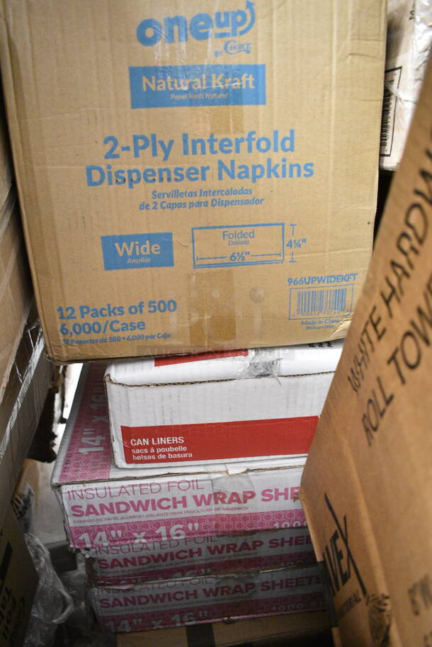 PALLET LOT of 45 BRAND NEW Boxes Including 4 Box 394365L Noble Products Powder-Free Disposable Vinyl Gloves for Foodservice - 1000/Case, 2 Box 500LFLAT Choice Clear Plastic Flat Lid with Straw Slot 42 oz. - 500/Case, 347RP9CL Choice Crystal 9" Clear Plastic Plate - 240/Case, 500CC16 Choice Clear PET Customizable Plastic Cold Cup - 16 oz. - 1000/Case, Acopa 10 oz Martini Glasses, Just Enough Paper Towels, 2 Box 347TCL9 Choice 9 oz. Clear Disposable Plastic Tumbler - 500/Case, SDR-12 12 oz Cups, 966UPWIDEKFT OneUp by Choice Kraft 2-Ply Wide Interfold 6 1/2" x 8 1/2" Dispenser Napkin - 6000/Case, Choice Insulated Foil Sandwich Wrap, 5001RT800B Lavex 8" White Hardwound Paper Towel, 800 Feet / Roll - 6/Case. 45 Times Your Bid!   - Image 12 of 12