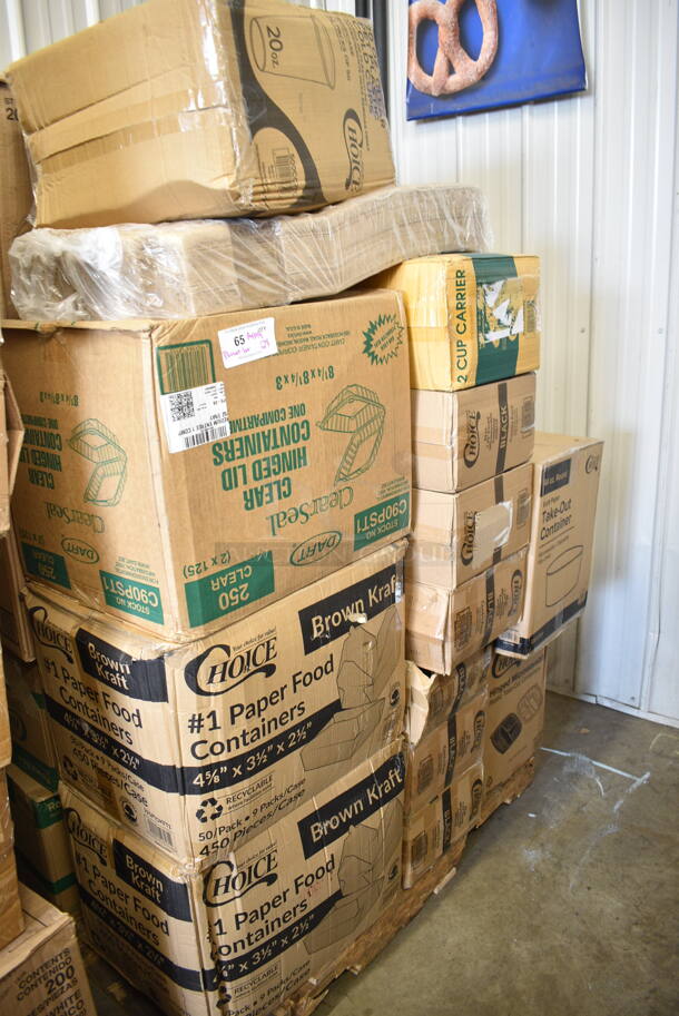 PALLET LOT of 28 BRAND NEW Boxes Including 2 Box 500CC20 Choice Clear PET Customizable Plastic Cold Cup - 20 oz. - 600/Case, 50020W Choice 20 oz. White Poly Paper Hot Cup - 600/Case, 795KFT44RNPE Choice 44 oz. Round Kraft PE-Lined Microwavable Take-Out Container 7 5/16" x 2 5/8" - 300/Case, 500TO8830 Choice 8" x 8" x 3" Microwaveable 3-Compartment Black / Clear Plastic Hinged Container - 100/Case, 4 Box 129MCR24B Choice 24 oz. Black Round Microwavable Heavy Weight Container with Lid 7 1/4" - 150/Case, 2 Box 129MCR32B Choice 32 oz. Black Round Microwavable Heavy Weight Container with Lid 7 1/4" - 150/Case, 433CARRIER2 EcoChoice Pulp Fiber 2 Cup Carrier - 300/Case, 130BFORK Choice Medium Weight Black Plastic Fork - 1000/Case, 500CFT Lavex White C-Fold Standard Weight Towel - 2400/Case, C90PST1 ClearSeal Hinged Lid Plastic Container, 2 Box Choice #1 Paper Food Containers. 28 Times Your Bid!   - Image 1 of 12
