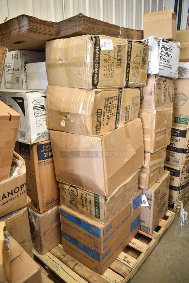 PALLET LOT of 24 BRAND NEW Boxes Including Solo Ultra Clear™ 32AC 32 oz. Customizable Clear PET Plastic Cold Cup - 500/Case, 130HCUTTWR Berk 6 3/4" Individually Wrapped White Heavy Weight Plastic Teaspoon - 1000/Case, 130BKFKH Choice Black Heavy Weight Wrapped Plastic Cutlery Pack with Fork and Knife - 250/Case, 4 Box 28-1137-31 Creative Converting 28113731 10" Navy Blue Plastic Plate - 240/Case, 2 Box 5001RT800B Lavex 8" White Hardwound Paper Towel, 800 Feet / Roll - 6/Case, 966LOWFLDDN Choice Kraft Natural Junior Low-Fold 6" x 12" Dispenser Napkin - 8000/Case, Dart 85HT3R 8" x 8" x 3" White Foam Three-Compartment Square Take Out Container with Perforated Hinged Lid - 200/Case, 347SLWG12A Visions 12 oz. Heavy Weight Clear Plastic Stemless Angled Wine Glass - 64/Case. 24 Times Your Bid!   - Image 1 of 12