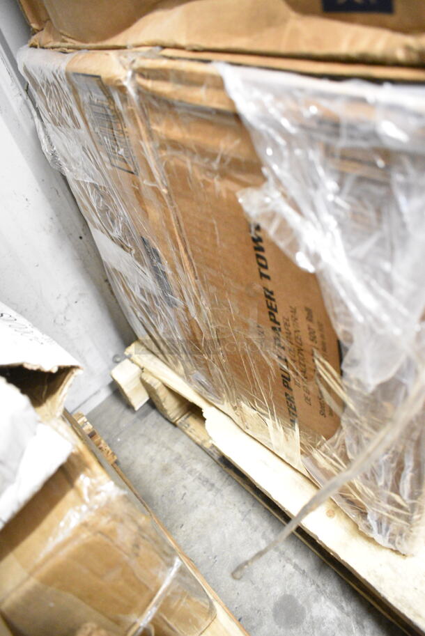 PALLET LOT of 24 BRAND NEW Boxes Including Solo Ultra Clear™ 32AC 32 oz. Customizable Clear PET Plastic Cold Cup - 500/Case, 130HCUTTWR Berk 6 3/4" Individually Wrapped White Heavy Weight Plastic Teaspoon - 1000/Case, 130BKFKH Choice Black Heavy Weight Wrapped Plastic Cutlery Pack with Fork and Knife - 250/Case, 4 Box 28-1137-31 Creative Converting 28113731 10" Navy Blue Plastic Plate - 240/Case, 2 Box 5001RT800B Lavex 8" White Hardwound Paper Towel, 800 Feet / Roll - 6/Case, 966LOWFLDDN Choice Kraft Natural Junior Low-Fold 6" x 12" Dispenser Napkin - 8000/Case, Dart 85HT3R 8" x 8" x 3" White Foam Three-Compartment Square Take Out Container with Perforated Hinged Lid - 200/Case, 347SLWG12A Visions 12 oz. Heavy Weight Clear Plastic Stemless Angled Wine Glass - 64/Case. 24 Times Your Bid!   - Image 3 of 12