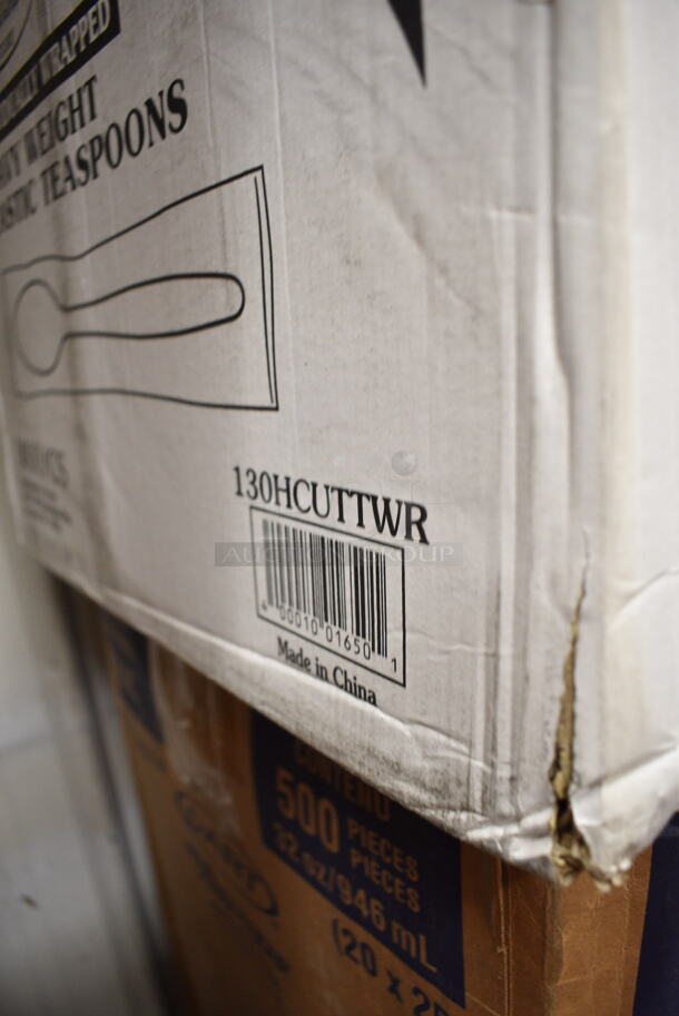 PALLET LOT of 24 BRAND NEW Boxes Including Solo Ultra Clear™ 32AC 32 oz. Customizable Clear PET Plastic Cold Cup - 500/Case, 130HCUTTWR Berk 6 3/4" Individually Wrapped White Heavy Weight Plastic Teaspoon - 1000/Case, 130BKFKH Choice Black Heavy Weight Wrapped Plastic Cutlery Pack with Fork and Knife - 250/Case, 4 Box 28-1137-31 Creative Converting 28113731 10" Navy Blue Plastic Plate - 240/Case, 2 Box 5001RT800B Lavex 8" White Hardwound Paper Towel, 800 Feet / Roll - 6/Case, 966LOWFLDDN Choice Kraft Natural Junior Low-Fold 6" x 12" Dispenser Napkin - 8000/Case, Dart 85HT3R 8" x 8" x 3" White Foam Three-Compartment Square Take Out Container with Perforated Hinged Lid - 200/Case, 347SLWG12A Visions 12 oz. Heavy Weight Clear Plastic Stemless Angled Wine Glass - 64/Case. 24 Times Your Bid!   - Image 4 of 12