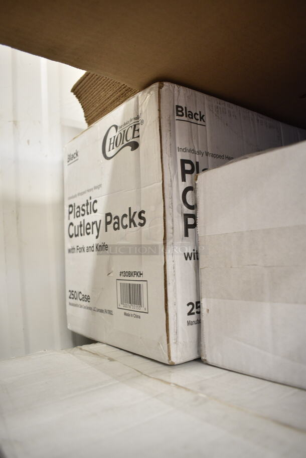 PALLET LOT of 24 BRAND NEW Boxes Including Solo Ultra Clear™ 32AC 32 oz. Customizable Clear PET Plastic Cold Cup - 500/Case, 130HCUTTWR Berk 6 3/4" Individually Wrapped White Heavy Weight Plastic Teaspoon - 1000/Case, 130BKFKH Choice Black Heavy Weight Wrapped Plastic Cutlery Pack with Fork and Knife - 250/Case, 4 Box 28-1137-31 Creative Converting 28113731 10" Navy Blue Plastic Plate - 240/Case, 2 Box 5001RT800B Lavex 8" White Hardwound Paper Towel, 800 Feet / Roll - 6/Case, 966LOWFLDDN Choice Kraft Natural Junior Low-Fold 6" x 12" Dispenser Napkin - 8000/Case, Dart 85HT3R 8" x 8" x 3" White Foam Three-Compartment Square Take Out Container with Perforated Hinged Lid - 200/Case, 347SLWG12A Visions 12 oz. Heavy Weight Clear Plastic Stemless Angled Wine Glass - 64/Case. 24 Times Your Bid!   - Image 5 of 12