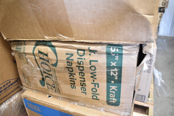 PALLET LOT of 24 BRAND NEW Boxes Including Solo Ultra Clear™ 32AC 32 oz. Customizable Clear PET Plastic Cold Cup - 500/Case, 130HCUTTWR Berk 6 3/4" Individually Wrapped White Heavy Weight Plastic Teaspoon - 1000/Case, 130BKFKH Choice Black Heavy Weight Wrapped Plastic Cutlery Pack with Fork and Knife - 250/Case, 4 Box 28-1137-31 Creative Converting 28113731 10" Navy Blue Plastic Plate - 240/Case, 2 Box 5001RT800B Lavex 8" White Hardwound Paper Towel, 800 Feet / Roll - 6/Case, 966LOWFLDDN Choice Kraft Natural Junior Low-Fold 6" x 12" Dispenser Napkin - 8000/Case, Dart 85HT3R 8" x 8" x 3" White Foam Three-Compartment Square Take Out Container with Perforated Hinged Lid - 200/Case, 347SLWG12A Visions 12 oz. Heavy Weight Clear Plastic Stemless Angled Wine Glass - 64/Case. 24 Times Your Bid!   - Image 8 of 12