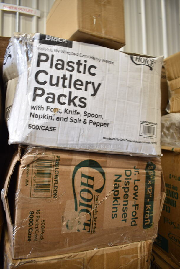 PALLET LOT of 24 BRAND NEW Boxes Including Solo Ultra Clear™ 32AC 32 oz. Customizable Clear PET Plastic Cold Cup - 500/Case, 130HCUTTWR Berk 6 3/4" Individually Wrapped White Heavy Weight Plastic Teaspoon - 1000/Case, 130BKFKH Choice Black Heavy Weight Wrapped Plastic Cutlery Pack with Fork and Knife - 250/Case, 4 Box 28-1137-31 Creative Converting 28113731 10" Navy Blue Plastic Plate - 240/Case, 2 Box 5001RT800B Lavex 8" White Hardwound Paper Towel, 800 Feet / Roll - 6/Case, 966LOWFLDDN Choice Kraft Natural Junior Low-Fold 6" x 12" Dispenser Napkin - 8000/Case, Dart 85HT3R 8" x 8" x 3" White Foam Three-Compartment Square Take Out Container with Perforated Hinged Lid - 200/Case, 347SLWG12A Visions 12 oz. Heavy Weight Clear Plastic Stemless Angled Wine Glass - 64/Case. 24 Times Your Bid!   - Image 10 of 12