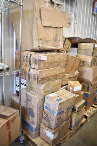 PALLET LOT of 27 BRAND NEW Boxes Including 128HD16COMBO ChoiceHD 16 oz. Microwavable Translucent Plastic Deli Container and Lid Combo Pack - 240/Case, 2 Box 394345XL Noble NexGen Powder-Free Disposable Black Hybrid 3 Mil Thick Gloves - Extra Large - 1000/Case, 2 Box 129MCR38B Choice 38 oz. Black Round Microwavable Heavy Weight Container with Lid - 150/Case, Tellus 32 oz Disposable Bowls, 500TO963C2 Choice 9" x 6" x 3" Microwaveable 2-Compartment Black / Clear Plastic Hinged Container - 100/Case, 5001RT800N Lavex 8" Natural Kraft Hardwound Paper Towel, 800 Feet / Roll - 6/Case, 4339BULK Choice 9" White Uncoated Paper Plate - 1000/Case, 124B31American Metalcraft B31 8 oz. Stainless Steel Round Sauce Cup, 999P325B Choice 3.25 oz. Black Plastic Souffle Cup / Portion Cup - 100/Pack, 433NHT101H Choice 1/6 Standard Size White "Thank You" Medium-Duty Plastic T-Shirt Bag - 1000/Case, DBP09W Dixie Basic 8 1/2" White Light Weight Paper Plate - 500/Case, Umbrella Canopy, 63055-0075 Solut Black Elegance Round Coated Corrugated Catering / Deli Tray 12" - 75/Case, 2 Box 130HBKCUTFW Visions Individually Wrapped Black Heavy Weight Plastic Fork - 1000/Case, 795PTOKFT2 Choice Kraft Microwavable Folded Paper #2 Take-Out Container 7 3/4" x 5 1/2" x 1 7/8" - 200/Case, 63274346 Gain 74346 38 oz. Original Liquid Dish Soap - 8/Case. 27 Times Your Bid!  