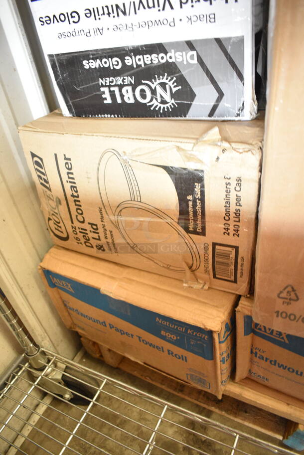 PALLET LOT of 27 BRAND NEW Boxes Including 128HD16COMBO ChoiceHD 16 oz. Microwavable Translucent Plastic Deli Container and Lid Combo Pack - 240/Case, 2 Box 394345XL Noble NexGen Powder-Free Disposable Black Hybrid 3 Mil Thick Gloves - Extra Large - 1000/Case, 2 Box 129MCR38B Choice 38 oz. Black Round Microwavable Heavy Weight Container with Lid - 150/Case, Tellus 32 oz Disposable Bowls, 500TO963C2 Choice 9" x 6" x 3" Microwaveable 2-Compartment Black / Clear Plastic Hinged Container - 100/Case, 5001RT800N Lavex 8" Natural Kraft Hardwound Paper Towel, 800 Feet / Roll - 6/Case, 4339BULK Choice 9" White Uncoated Paper Plate - 1000/Case, 124B31American Metalcraft B31 8 oz. Stainless Steel Round Sauce Cup, 999P325B Choice 3.25 oz. Black Plastic Souffle Cup / Portion Cup - 100/Pack, 433NHT101H Choice 1/6 Standard Size White "Thank You" Medium-Duty Plastic T-Shirt Bag - 1000/Case, DBP09W Dixie Basic 8 1/2" White Light Weight Paper Plate - 500/Case, Umbrella Canopy, 63055-0075 Solut Black Elegance Round Coated Corrugated Catering / Deli Tray 12" - 75/Case, 2 Box 130HBKCUTFW Visions Individually Wrapped Black Heavy Weight Plastic Fork - 1000/Case, 795PTOKFT2 Choice Kraft Microwavable Folded Paper #2 Take-Out Container 7 3/4" x 5 1/2" x 1 7/8" - 200/Case, 63274346 Gain 74346 38 oz. Original Liquid Dish Soap - 8/Case. 27 Times Your Bid!   - Image 2 of 12