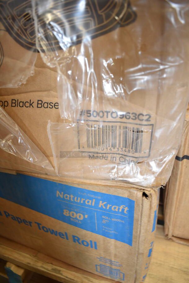 PALLET LOT of 27 BRAND NEW Boxes Including 128HD16COMBO ChoiceHD 16 oz. Microwavable Translucent Plastic Deli Container and Lid Combo Pack - 240/Case, 2 Box 394345XL Noble NexGen Powder-Free Disposable Black Hybrid 3 Mil Thick Gloves - Extra Large - 1000/Case, 2 Box 129MCR38B Choice 38 oz. Black Round Microwavable Heavy Weight Container with Lid - 150/Case, Tellus 32 oz Disposable Bowls, 500TO963C2 Choice 9" x 6" x 3" Microwaveable 2-Compartment Black / Clear Plastic Hinged Container - 100/Case, 5001RT800N Lavex 8" Natural Kraft Hardwound Paper Towel, 800 Feet / Roll - 6/Case, 4339BULK Choice 9" White Uncoated Paper Plate - 1000/Case, 124B31American Metalcraft B31 8 oz. Stainless Steel Round Sauce Cup, 999P325B Choice 3.25 oz. Black Plastic Souffle Cup / Portion Cup - 100/Pack, 433NHT101H Choice 1/6 Standard Size White "Thank You" Medium-Duty Plastic T-Shirt Bag - 1000/Case, DBP09W Dixie Basic 8 1/2" White Light Weight Paper Plate - 500/Case, Umbrella Canopy, 63055-0075 Solut Black Elegance Round Coated Corrugated Catering / Deli Tray 12" - 75/Case, 2 Box 130HBKCUTFW Visions Individually Wrapped Black Heavy Weight Plastic Fork - 1000/Case, 795PTOKFT2 Choice Kraft Microwavable Folded Paper #2 Take-Out Container 7 3/4" x 5 1/2" x 1 7/8" - 200/Case, 63274346 Gain 74346 38 oz. Original Liquid Dish Soap - 8/Case. 27 Times Your Bid!   - Image 6 of 12