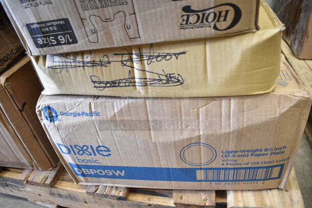 PALLET LOT of 27 BRAND NEW Boxes Including 128HD16COMBO ChoiceHD 16 oz. Microwavable Translucent Plastic Deli Container and Lid Combo Pack - 240/Case, 2 Box 394345XL Noble NexGen Powder-Free Disposable Black Hybrid 3 Mil Thick Gloves - Extra Large - 1000/Case, 2 Box 129MCR38B Choice 38 oz. Black Round Microwavable Heavy Weight Container with Lid - 150/Case, Tellus 32 oz Disposable Bowls, 500TO963C2 Choice 9" x 6" x 3" Microwaveable 2-Compartment Black / Clear Plastic Hinged Container - 100/Case, 5001RT800N Lavex 8" Natural Kraft Hardwound Paper Towel, 800 Feet / Roll - 6/Case, 4339BULK Choice 9" White Uncoated Paper Plate - 1000/Case, 124B31American Metalcraft B31 8 oz. Stainless Steel Round Sauce Cup, 999P325B Choice 3.25 oz. Black Plastic Souffle Cup / Portion Cup - 100/Pack, 433NHT101H Choice 1/6 Standard Size White "Thank You" Medium-Duty Plastic T-Shirt Bag - 1000/Case, DBP09W Dixie Basic 8 1/2" White Light Weight Paper Plate - 500/Case, Umbrella Canopy, 63055-0075 Solut Black Elegance Round Coated Corrugated Catering / Deli Tray 12" - 75/Case, 2 Box 130HBKCUTFW Visions Individually Wrapped Black Heavy Weight Plastic Fork - 1000/Case, 795PTOKFT2 Choice Kraft Microwavable Folded Paper #2 Take-Out Container 7 3/4" x 5 1/2" x 1 7/8" - 200/Case, 63274346 Gain 74346 38 oz. Original Liquid Dish Soap - 8/Case. 27 Times Your Bid!   - Image 12 of 12