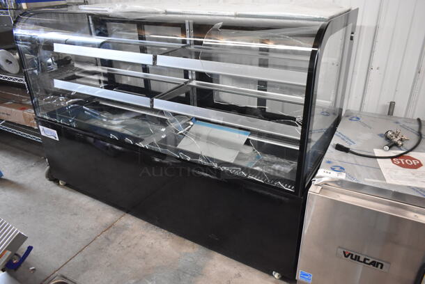 BRAND NEW SCRATCH AND DENT! Avantco 193BCD72B Metal Commercial Floor Style 72" Curved Glass Black Dry Bakery Display Case on Commercial Casters. See Pictures for Broken Glass. 110-120 Volts, 1 Phase.  - Image 1 of 7