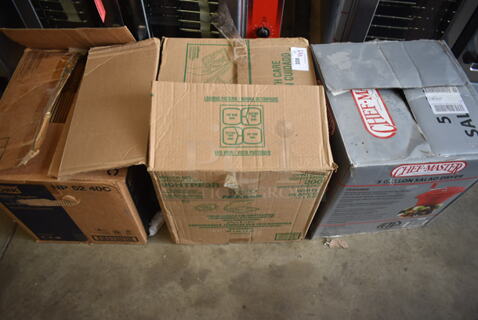 3 Boxes Including ChefMaster Poly Salad Spinner Lettuce Spinner, Dart STPF3R Hinged Containers and NP 52 40C Dinner Napkins. 3 Times Your Bid!