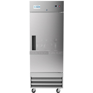 BRAND NEW SCRATCH AND DENT! 2023 KoolMore RIR-1D-SS-19C Stainless Steel Commercial Single Door Reach In Cooler on Commercial Casters. 115 Volts, 1 Phase. Tested and Working!