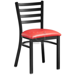 16 BRAND NEW SCRATCH AND DENT! Lancaster Table & Seating 164CMTLADFR  Black Finish Ladder Back Chair Frames with 4 Boxes of 4 164CUSHMTLRD Red 2 1/2" Black Vinyl Padded Seat. 16 Times Your Bid! 