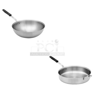 2 BRAND NEW SCRATCH AND DENT! Vollrath Tribute 11" Heavy-Duty Tri-Ply Stainless Steel Stir Fry Pan with Black Silicone Handle 702111 and Vollrath Tribute 6 Qt. Tri-Ply Stainless Steel Saute Pan with Black Silicone Handle 702160. 2 Times Your Bid! 