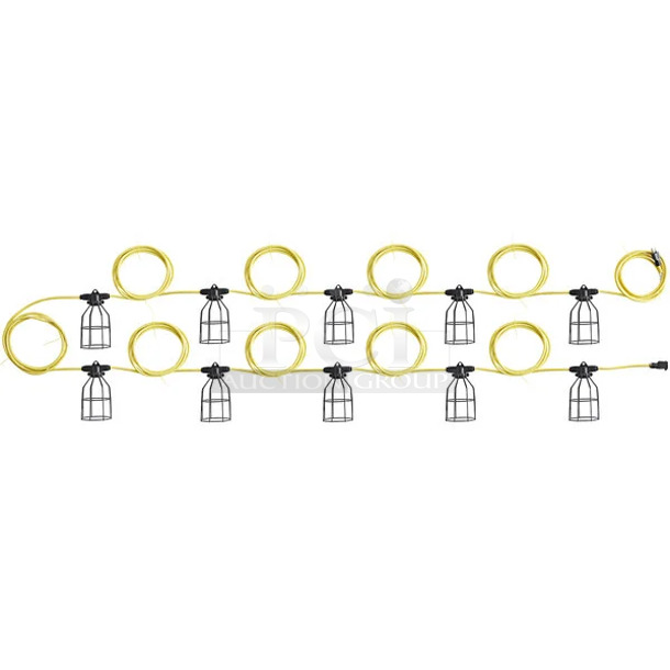 2 BRAND NEW SCRATCH AND DENT! Voltec 08-00198 U-Ground Work Light String with 10 Metal Cages - 100' 12/3 Cord, 150W Bulb Rating. 2 Times Your Bid!  - Image 1 of 6