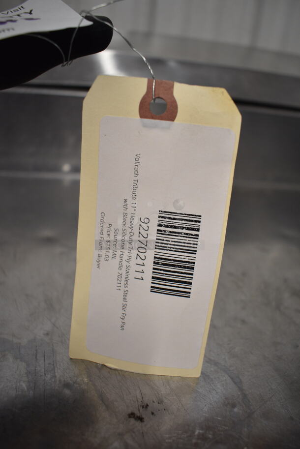 2 BRAND NEW SCRATCH AND DENT! Vollrath Tribute 11" Heavy-Duty Tri-Ply Stainless Steel Stir Fry Pan with Black Silicone Handle 702111 and Vollrath Tribute 6 Qt. Tri-Ply Stainless Steel Saute Pan with Black Silicone Handle 702160. 2 Times Your Bid!  - Image 5 of 9