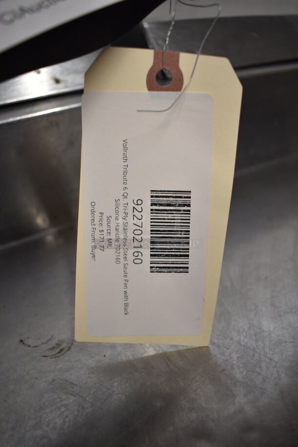 2 BRAND NEW SCRATCH AND DENT! Vollrath Tribute 11" Heavy-Duty Tri-Ply Stainless Steel Stir Fry Pan with Black Silicone Handle 702111 and Vollrath Tribute 6 Qt. Tri-Ply Stainless Steel Saute Pan with Black Silicone Handle 702160. 2 Times Your Bid!  - Image 9 of 9