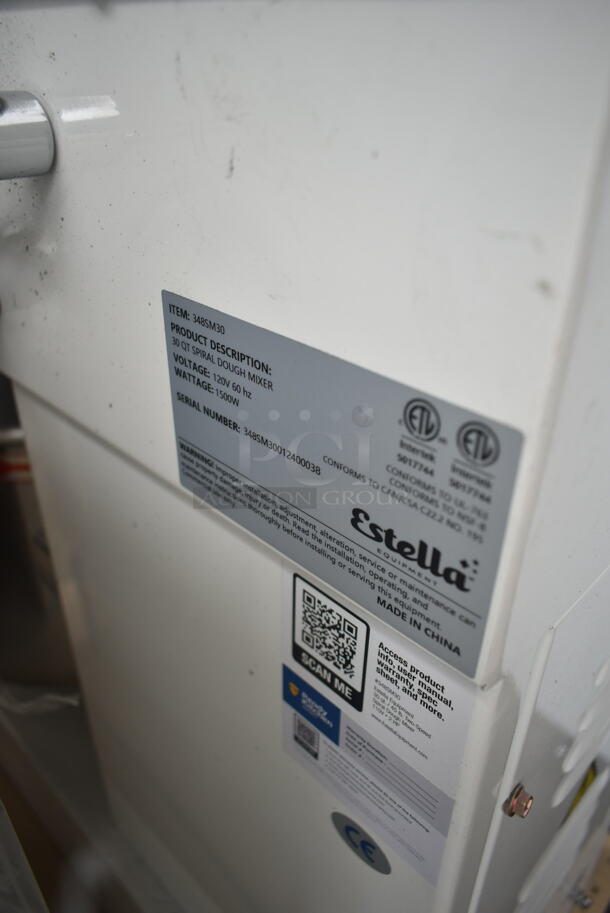 BRAND NEW SCRATCH AND DENT! Estella 348SM30 Metal Commercial 30 Qt. / 45 lb. Two-Speed Spiral Dough Mixer w/ Stainless Steel Mixing Bowl, Bowl Guard and Dough Hook Attachment. 120 Volts, 1 Phase. Tested and Working! - Image 7 of 7