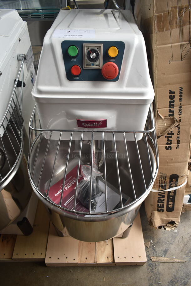 BRAND NEW SCRATCH AND DENT! Estella 348SM30 Metal Commercial 30 Qt. / 45 lb. Two-Speed Spiral Dough Mixer w/ Stainless Steel Mixing Bowl, Bowl Guard and Dough Hook Attachment. 120 Volts, 1 Phase. Tested and Working! - Image 2 of 7
