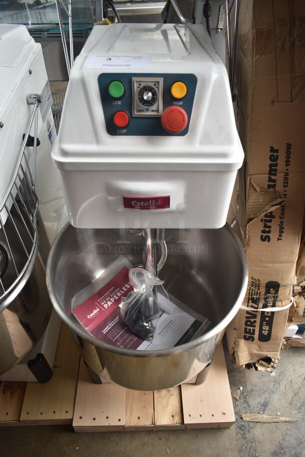 BRAND NEW SCRATCH AND DENT! Estella 348SM30 Metal Commercial 30 Qt. / 45 lb. Two-Speed Spiral Dough Mixer w/ Stainless Steel Mixing Bowl, Bowl Guard and Dough Hook Attachment. 120 Volts, 1 Phase. Tested and Working! - Image 3 of 7