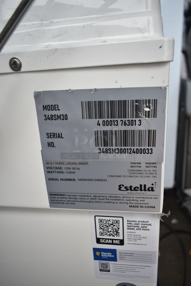 BRAND NEW SCRATCH AND DENT! Estella 348SM30 Metal Commercial 30 Qt. / 45 lb. Two-Speed Spiral Dough Mixer w/ Stainless Steel Mixing Bowl, Bowl Guard and Dough Hook Attachment. 120 Volts, 1 Phase. Tested and Working! - Image 7 of 7
