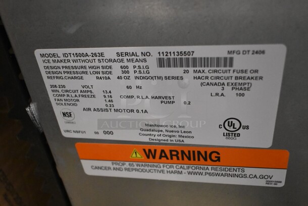 BRAND NEW SCRATCH AND DENT! 2024 Manitowoc IDT1500A-263E Stainless Steel Commercial Indigo NXT Series 48" Full Size Cube Ice Machine. 1830 lb. 208-230 Volts, 3 Phase.  - Image 7 of 7