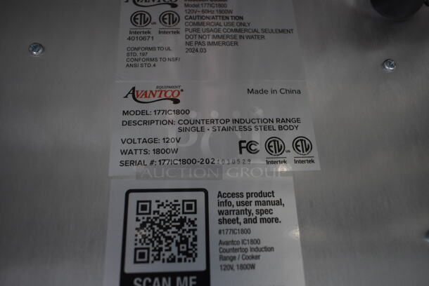 BRAND NEW SCRATCH AND DENT! Avantco 177IC1800 Stainless Steel Countertop Induction Range / Cooker. 120 Volts, 1 Phase.  - Image 5 of 5