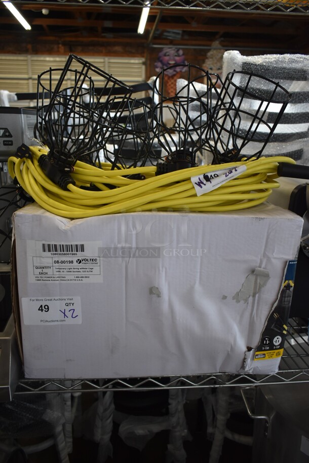 2 BRAND NEW SCRATCH AND DENT! Voltec 08-00198 U-Ground Work Light String with 10 Metal Cages - 100' 12/3 Cord, 150W Bulb Rating. 2 Times Your Bid!  - Image 2 of 6