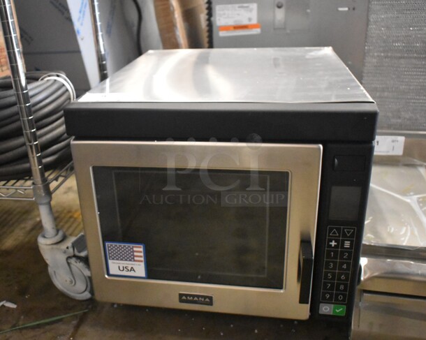 BRAND NEW SCRATCH AND DENT! 2024 Amana RC22S2 Heavy Duty Stainless Steel Commercial Microwave Oven with Push Button Controls. 208/240 Volts, 1 Phase.  - Image 2 of 6
