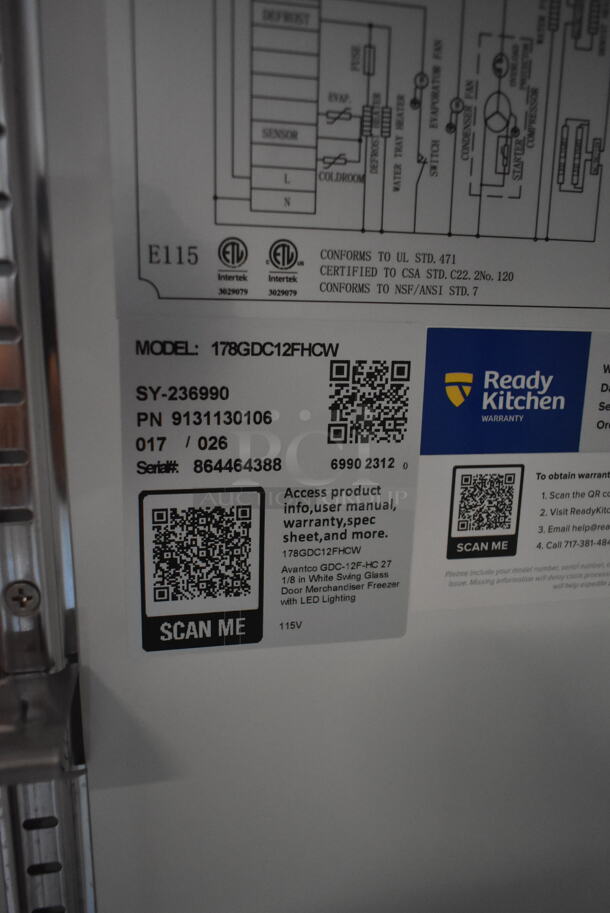 BRAND NEW SCRATCH AND DENT! 2023 Avantco 178GDC12FHCW Metal Commercial 27" White Customizable Swing Glass Door Merchandiser Freezer with LED Lighting and Poly Coated Racks. 115 Volts, 1 Phase. Tested and Working! - Image 7 of 7