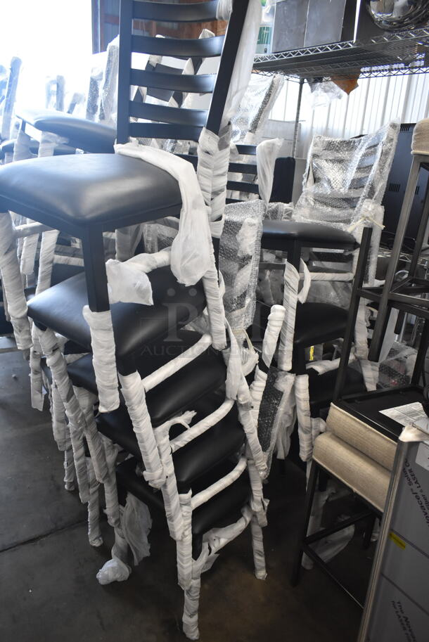 37 BRAND NEW SCRATCH AND DENT! Lancaster Table & Seating 164CMTLADFR  Black Finish Ladder Back Chair with 2 1/2" Black Vinyl Padded Seat. 37 Times Your Bid!  - Image 4 of 8
