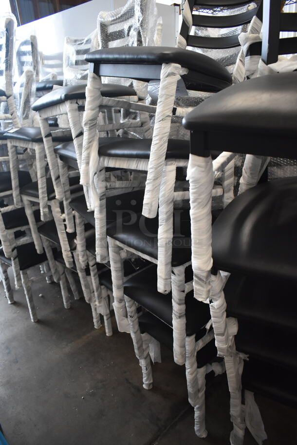 37 BRAND NEW SCRATCH AND DENT! Lancaster Table & Seating 164CMTLADFR  Black Finish Ladder Back Chair with 2 1/2" Black Vinyl Padded Seat. 37 Times Your Bid!  - Image 5 of 8