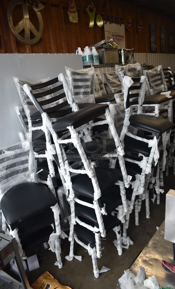33 BRAND NEW SCRATCH AND DENT! Lancaster Table & Seating 164CMTLADFR  Black Finish Ladder Back Chair with 2 1/2" Black Vinyl Padded Seat. 33 Times Your Bid!  - Image 2 of 8