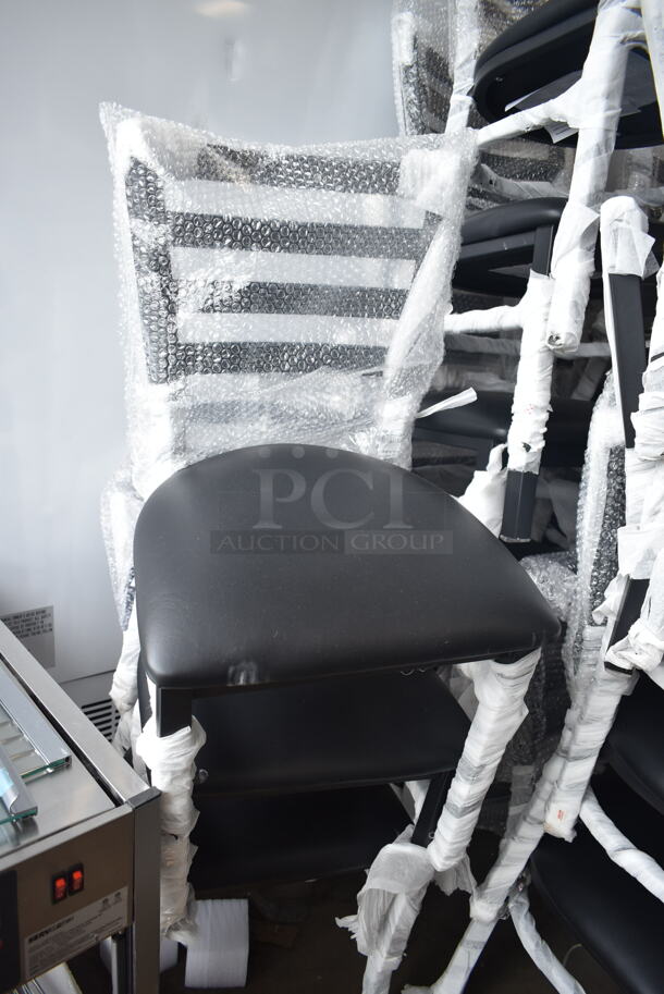 33 BRAND NEW SCRATCH AND DENT! Lancaster Table & Seating 164CMTLADFR  Black Finish Ladder Back Chair with 2 1/2" Black Vinyl Padded Seat. 33 Times Your Bid!  - Image 3 of 8