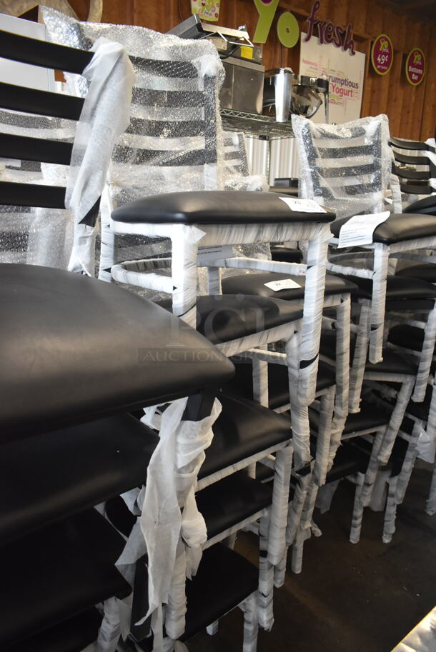 33 BRAND NEW SCRATCH AND DENT! Lancaster Table & Seating 164CMTLADFR  Black Finish Ladder Back Chair with 2 1/2" Black Vinyl Padded Seat. 33 Times Your Bid!  - Image 4 of 8
