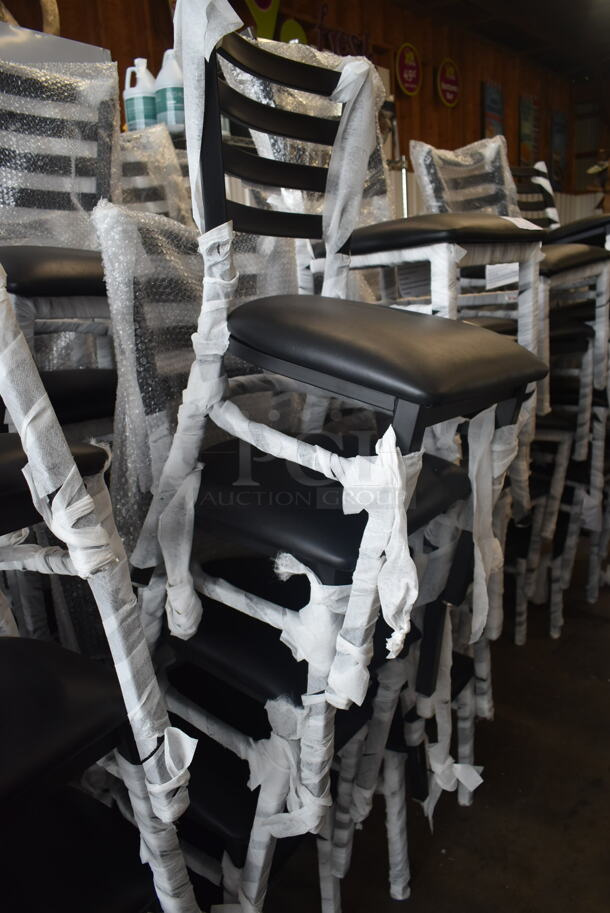 33 BRAND NEW SCRATCH AND DENT! Lancaster Table & Seating 164CMTLADFR  Black Finish Ladder Back Chair with 2 1/2" Black Vinyl Padded Seat. 33 Times Your Bid!  - Image 5 of 8