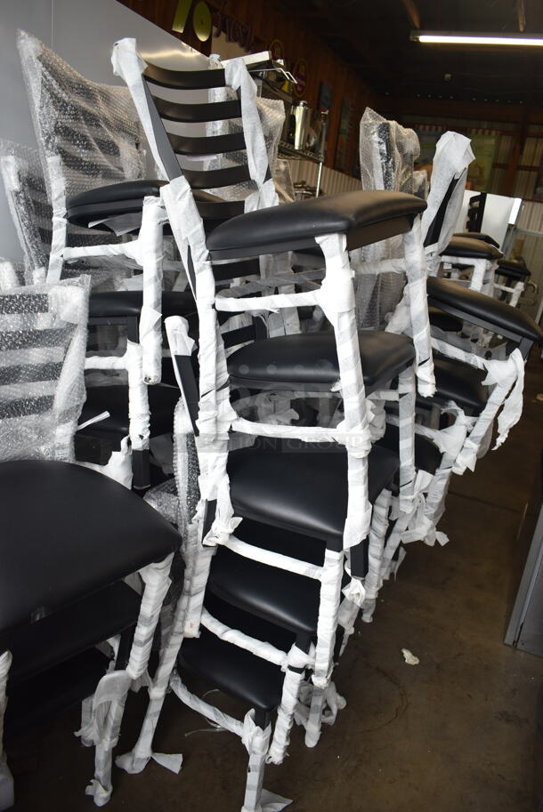 33 BRAND NEW SCRATCH AND DENT! Lancaster Table & Seating 164CMTLADFR  Black Finish Ladder Back Chair with 2 1/2" Black Vinyl Padded Seat. 33 Times Your Bid!  - Image 6 of 8
